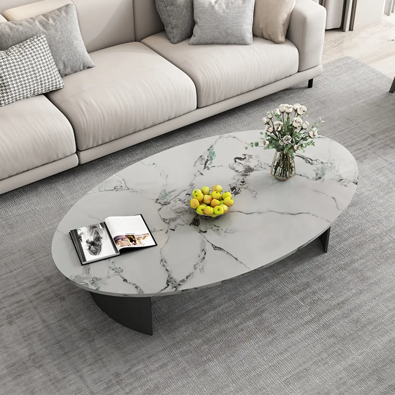 Oval Stone Top Scratch Resistant Iron Base Coffee Table