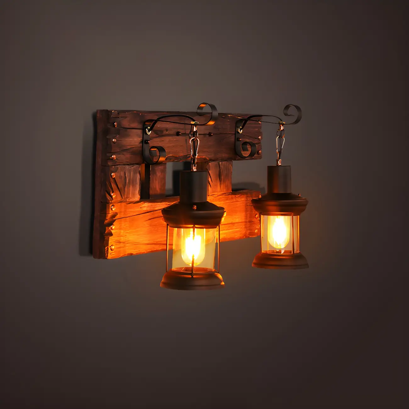 Industrial Distressed Wood Glass Black Wall Lantern Light