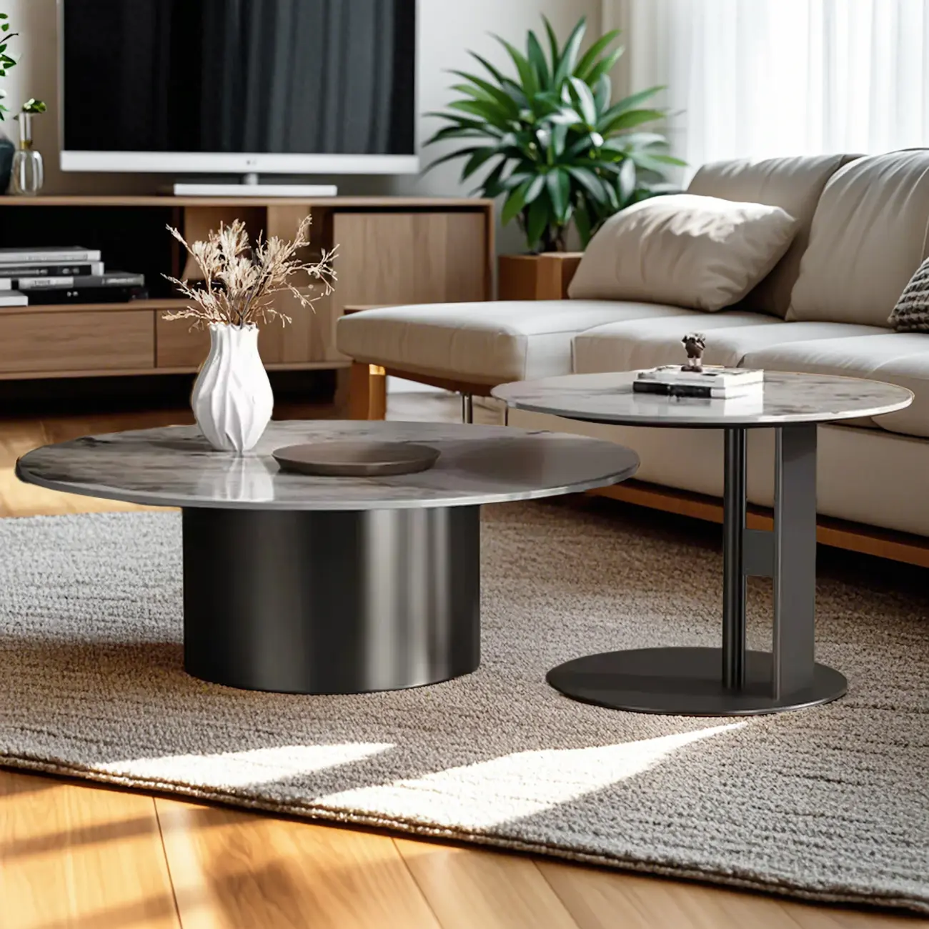 Modern Gray Round Nesting Coffee Table Set with Marble Top