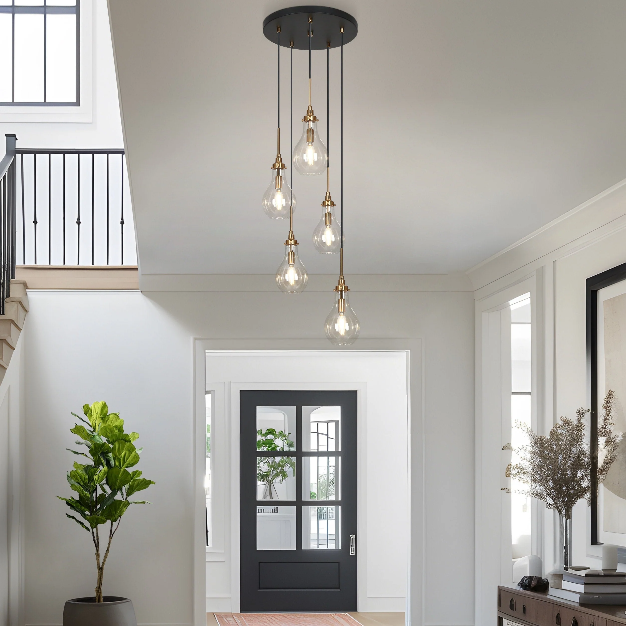 Synia Modern 5-Light Cluster Teardrop Glass Chandelier Stair Entryway Pendant Light for High Ceiling - D15'' x H18.2-74.2''