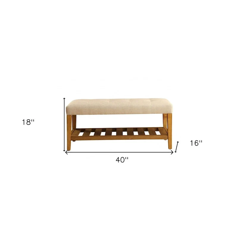HomeRoots 40 Beige and Brown Upholstered Polyester Bench with Shelves