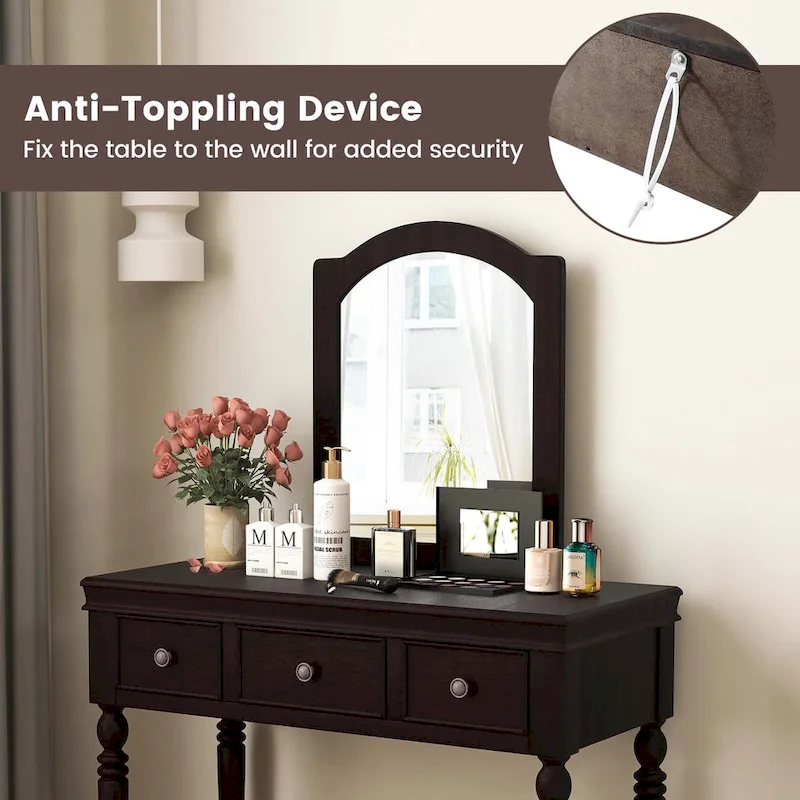 Costway Vanity Table Set Makeup Desk Cushioned Stool 3 Drawer Large - See Details