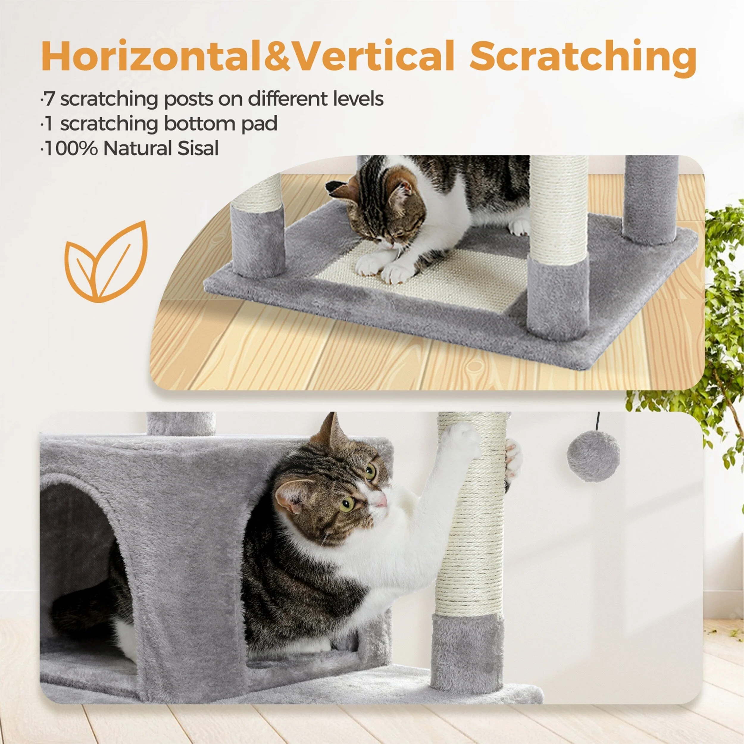 Large Cat Tower Cat Condo with Scratching Posts and Pads, 2 Padded Perch, Dual Condo and Basket