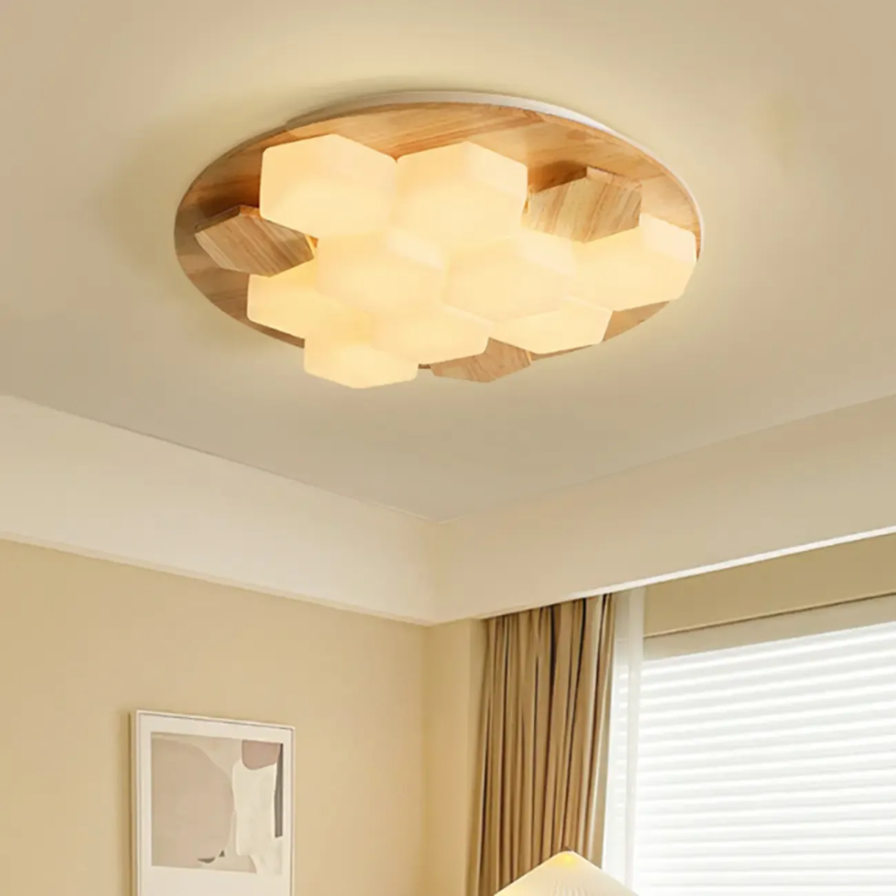 Nordic Honeycomb Natural Wooden Flush Mount Ceiling Light