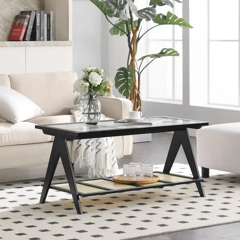 2-Tier Rectangular Coffee Table, Glass Top Sofa Table - 39.4L x 19.7W x 19.7D