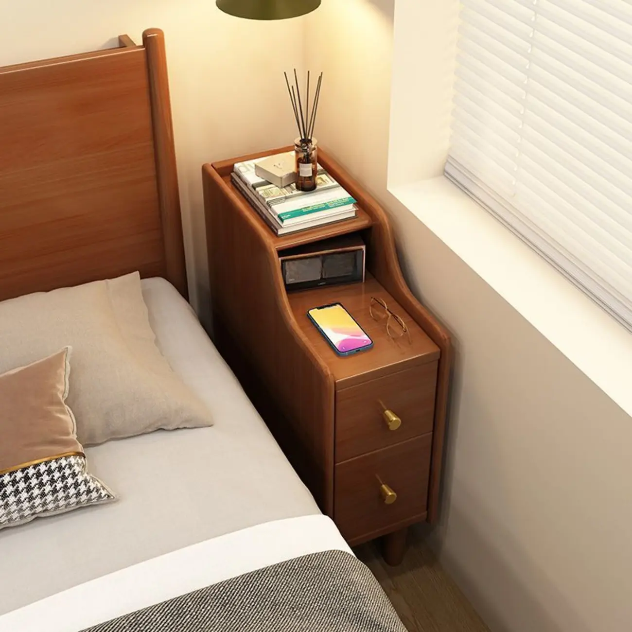 Narrow Wood 2 Drawers Nightstand in Natural Finish