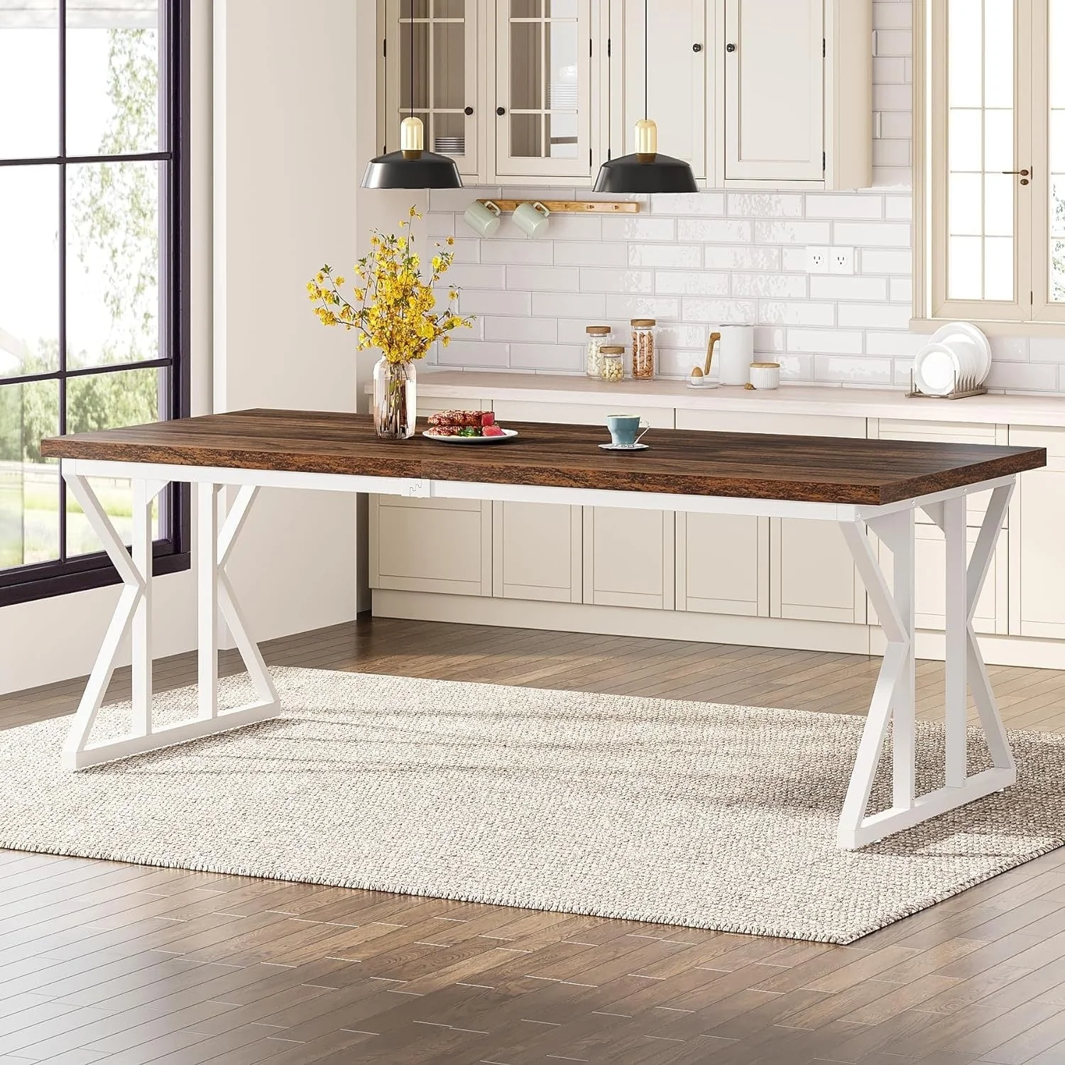 Farmhouse Dining Table for 6 People, 70.8-Inch Rectangular Wood Kitchen Table