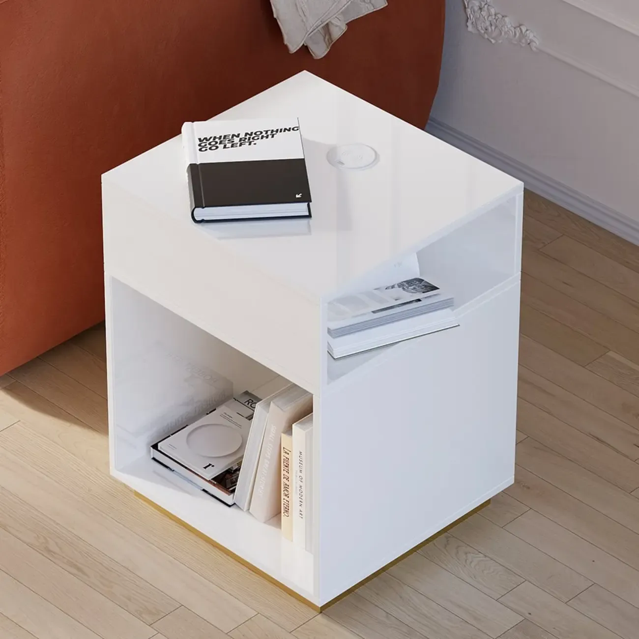 Compact White Wooden Cube Side Table with Open Shelf