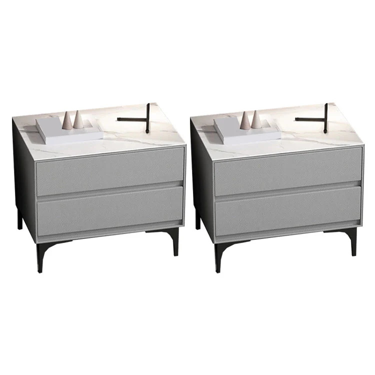 Modern Stone Top Faux Leather 2-Drawer Nightstand