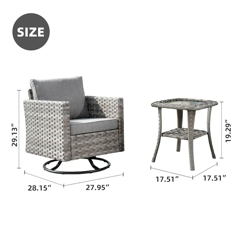 OVIOS Patio Wicker Swivel Rocking Chair 3-piece Set with Side Table
