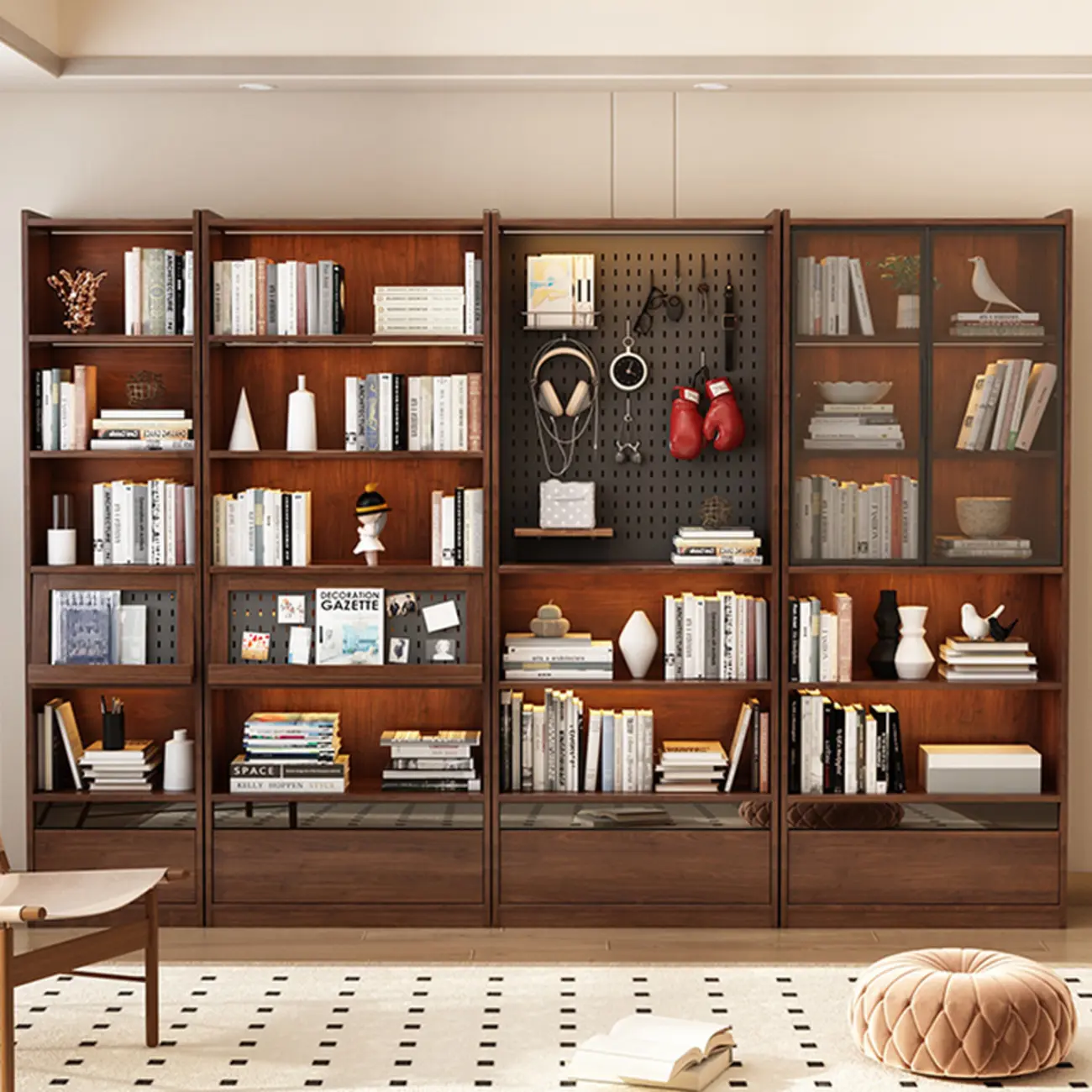 Mid Centyury Tall Brown Vertical Wood Bookcase with Drawers