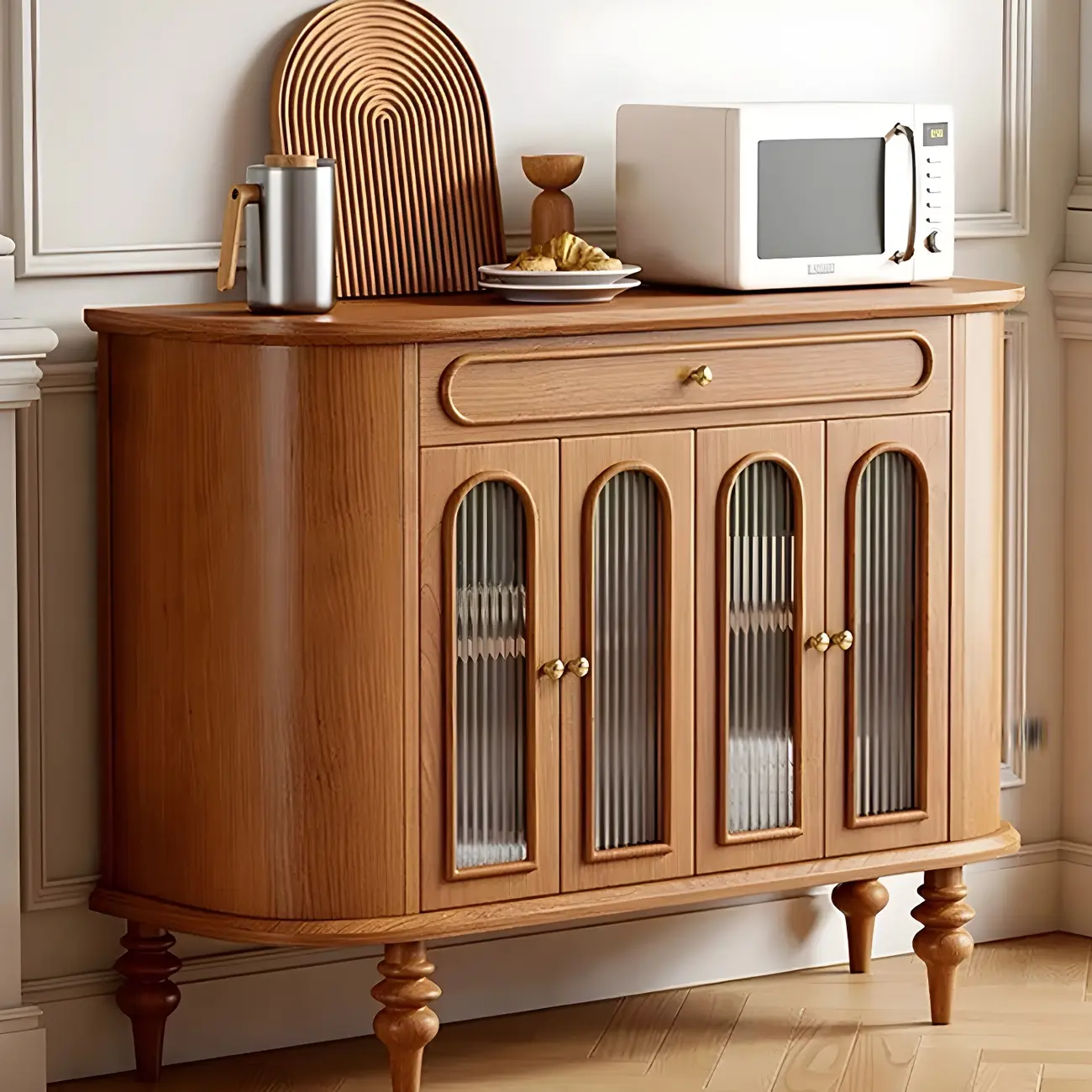 French Country Wooden Buffet Table with Cabinets