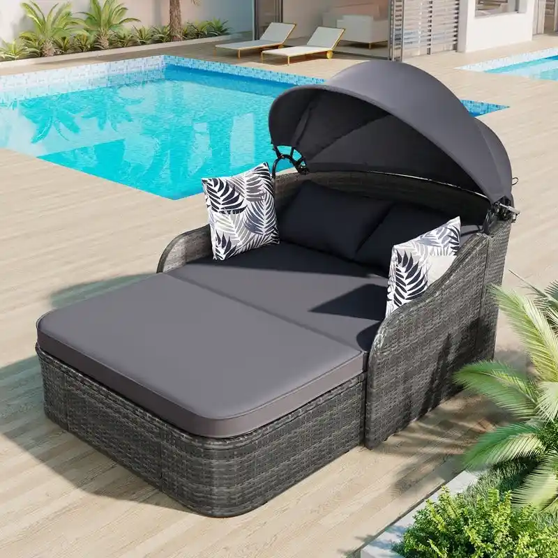 Outdoor PE Rattan Daybed Sunbed w/Adjustable Canopy, Double lounge