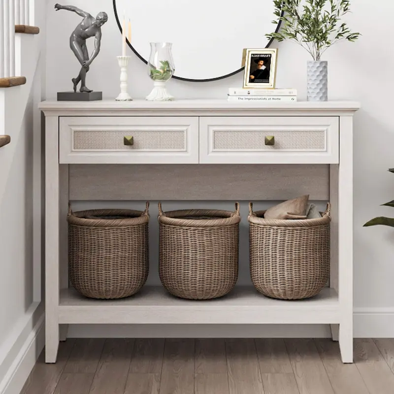 Boho Natural Rattan Console Table With Widened Tabletop & 2 Drawers