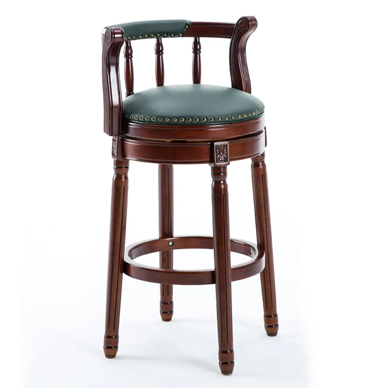 Swivel Counter Height Bar Stools in Genuine Leather & Walnut Solid Wood