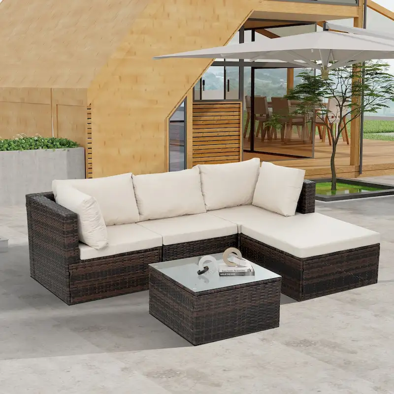 5 Set Wicker Furniture With Tempered Glass Coffee Table