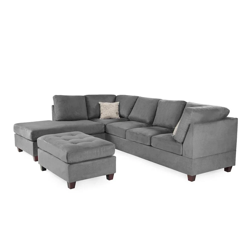 Poundex 3 Piece Fabric Sectional Sofa Set with Ottoman