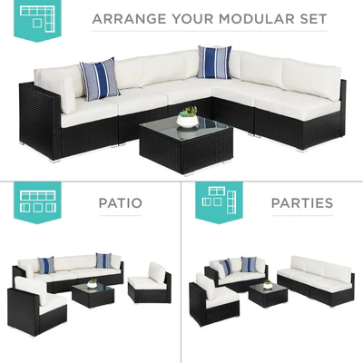Modular wicker patio sectional set arranged on a deck