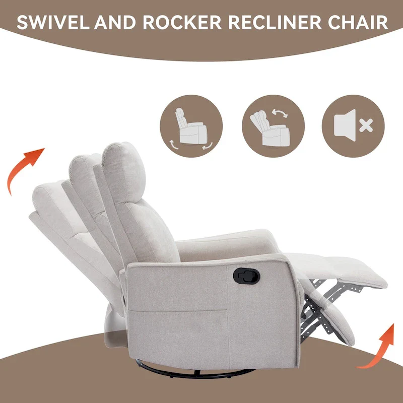 8 Point Massage Manual Recliner Chair Fabric Swivel Rocking Chair Single Sofa Armchair with Rocker and Lumbar Heating