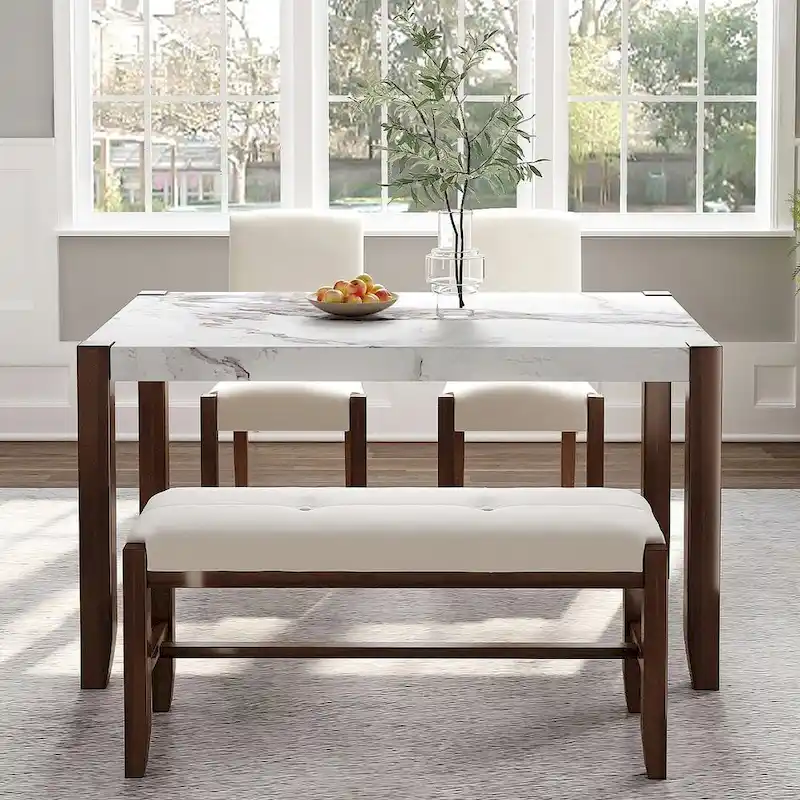 4-piece Dining Set with Faux Marble Style Table and 2 Upholstered Chairs & Bench with Wood Legs