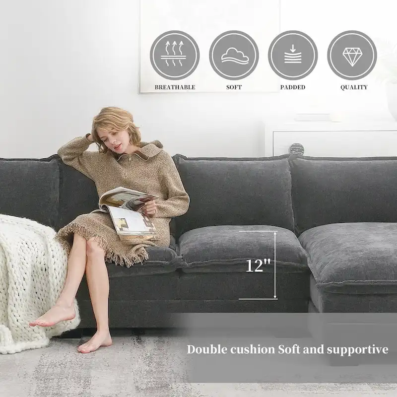 118*55 L-shaped Chenille Cloud Sofa with Double Seat Cushions, 5-seat Upholstered Sleeper Sofa Couch with Chaise Lounge