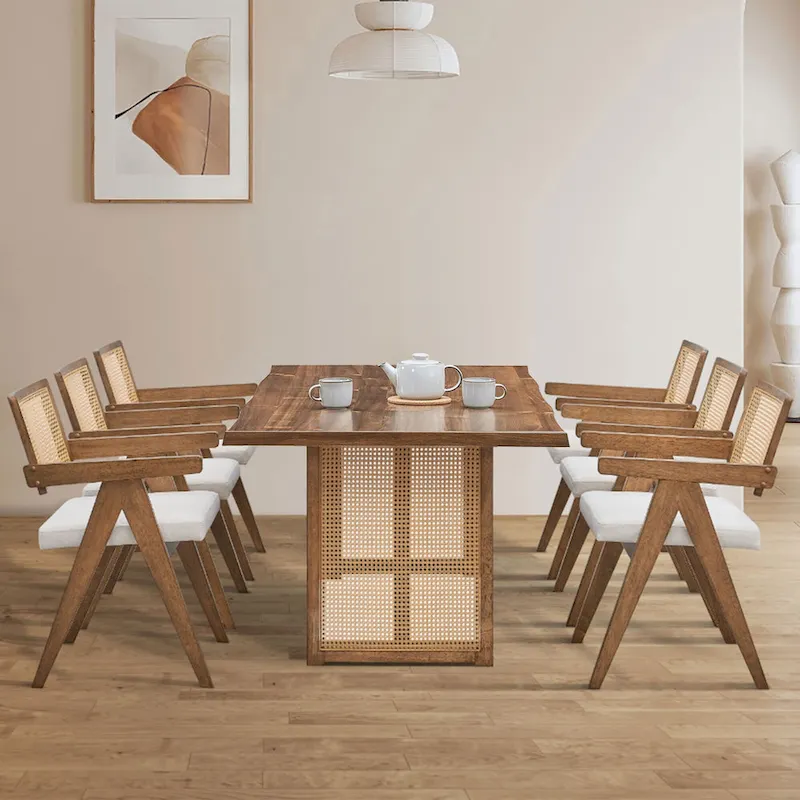 7 Piece Wooden Dining Table and Chairs Set, Rattan Kitchen Table Set with Rectangular Dining Table and 6 Chairs