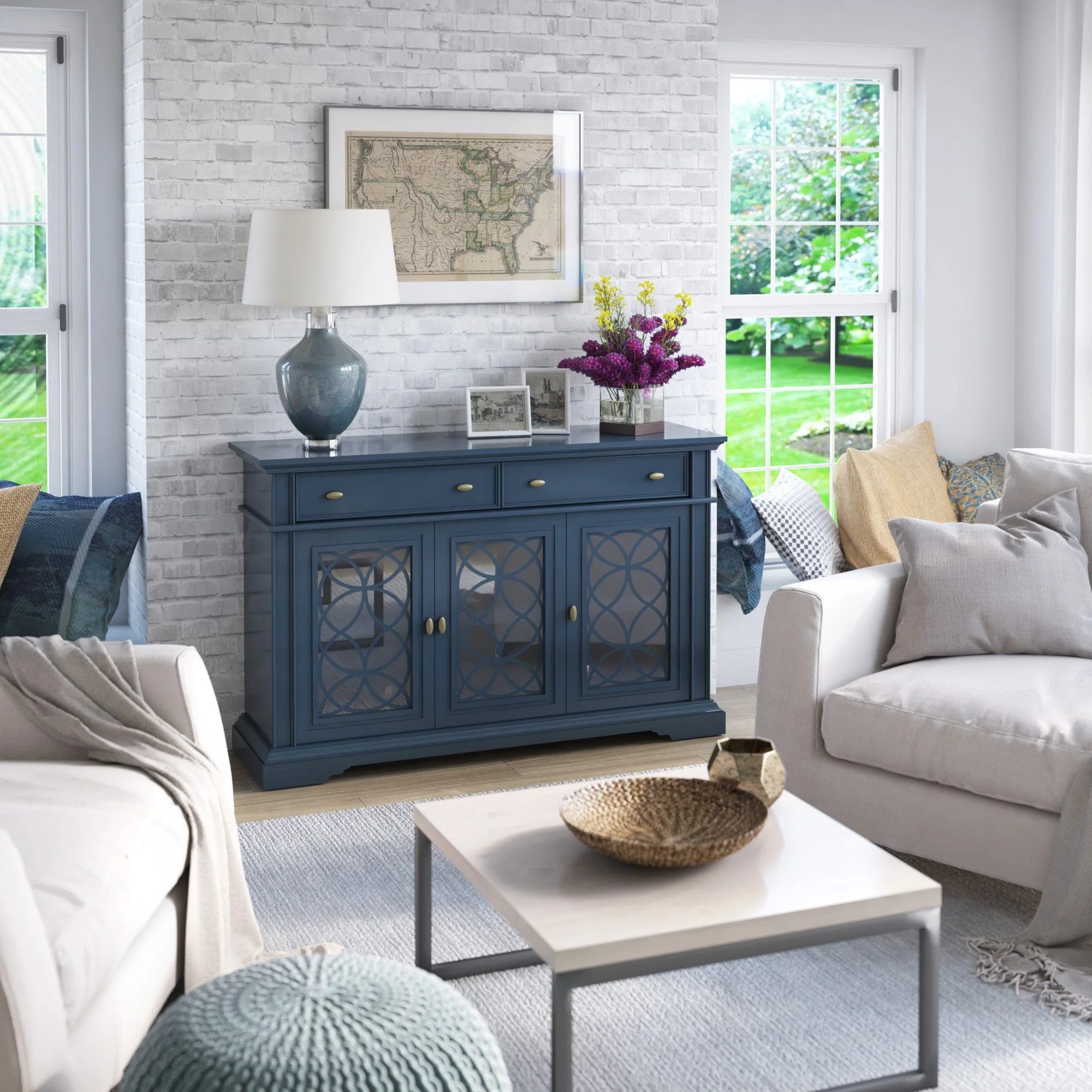 Farmhouse Traditional 52 Buffet Sideboard with Accented Glass-Front Doors