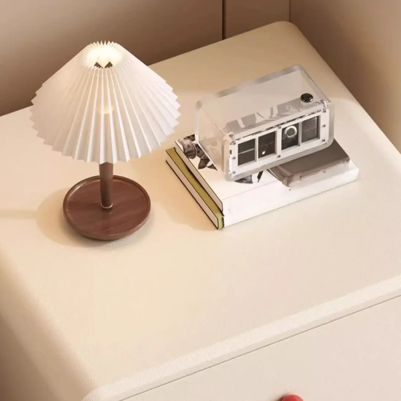 Art Deco Wood Faux Leather Red-Ball Pulls 2-Drawer Nightstand