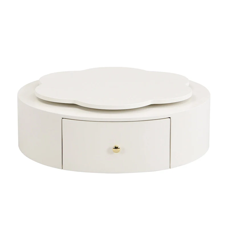 Modern Round Coffee Table Set of 2, 360-Degree Rotatable Flower-shaped Top with 2 Drawers, Top Circle Side Table with Glass