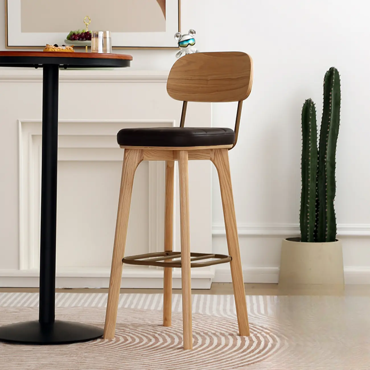 Wooden Square Leather Upholstered Bar Stool with Backrest