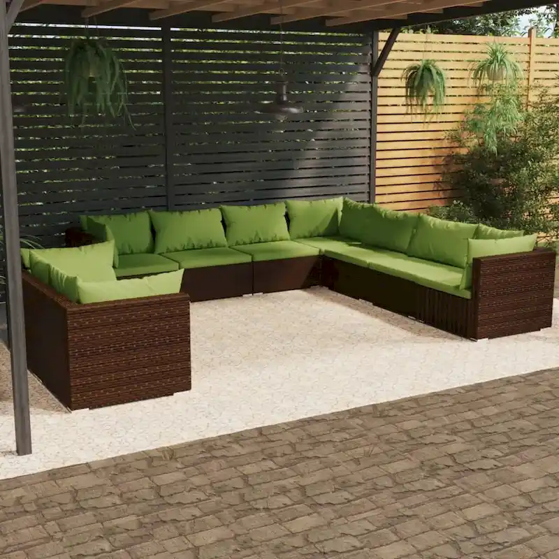 vidaXL Patio Lounge Set with Cushions Brown Poly Rattan - 27.6  x 27.6  x 24  - 27.6  x 27.6  x 24