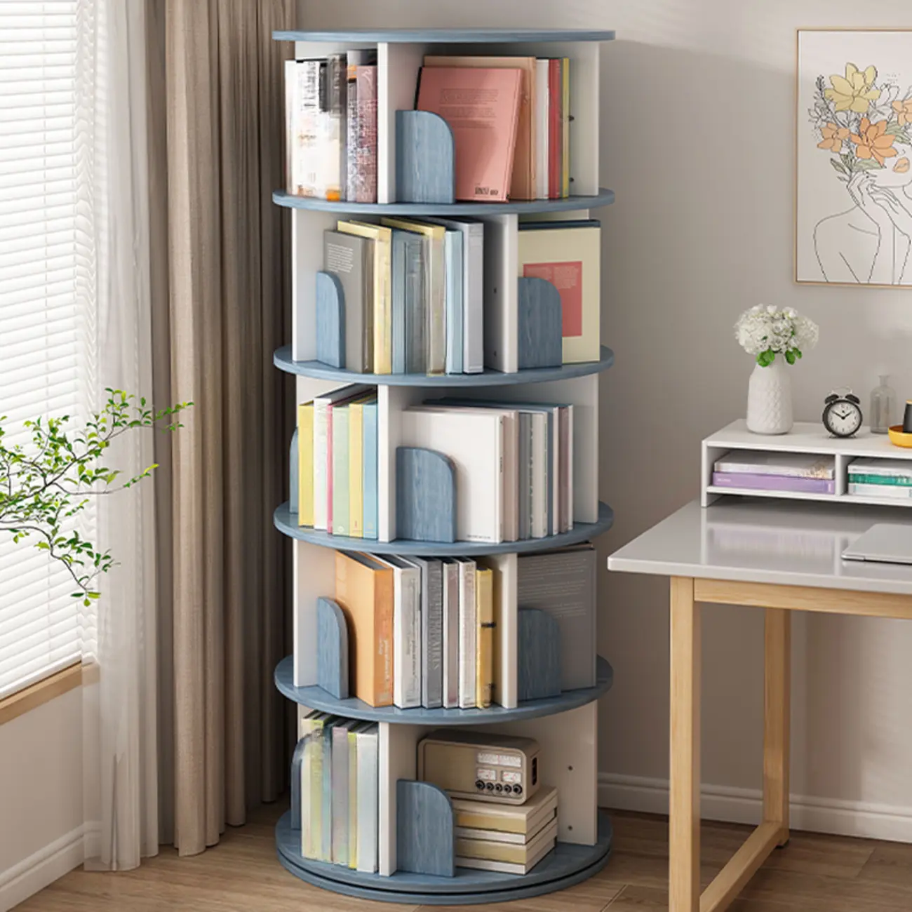 Brown Cylindrical Wooden Rotating Open-Back Bookcase