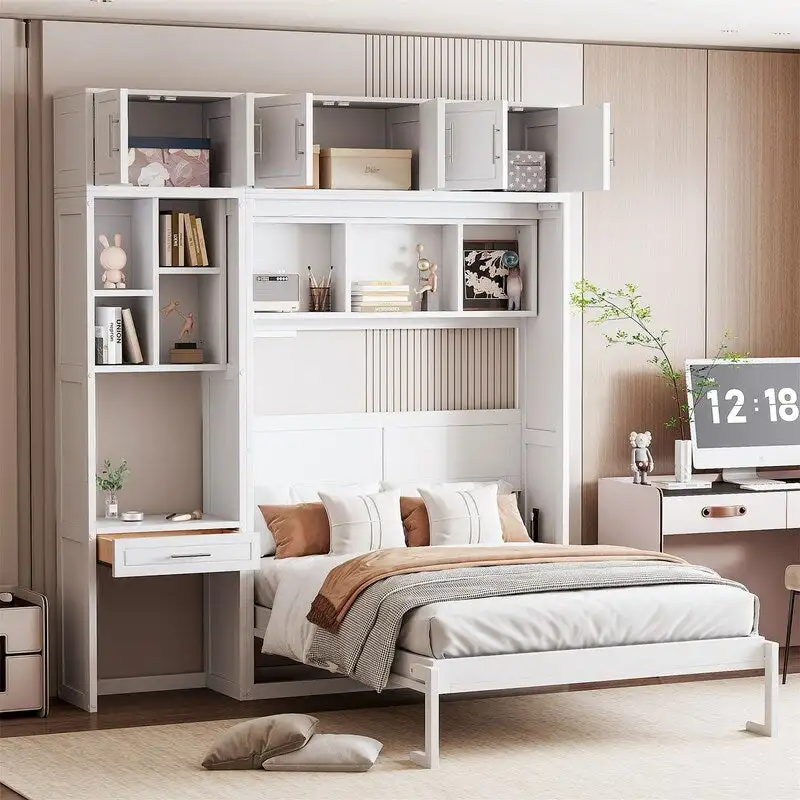 Full/Queen Size Murphy Bed Wall Bed with Desk & Top Cabinet, Folding Murphy Cabinet Bed w/ Storage Shelves, Space Saving Design