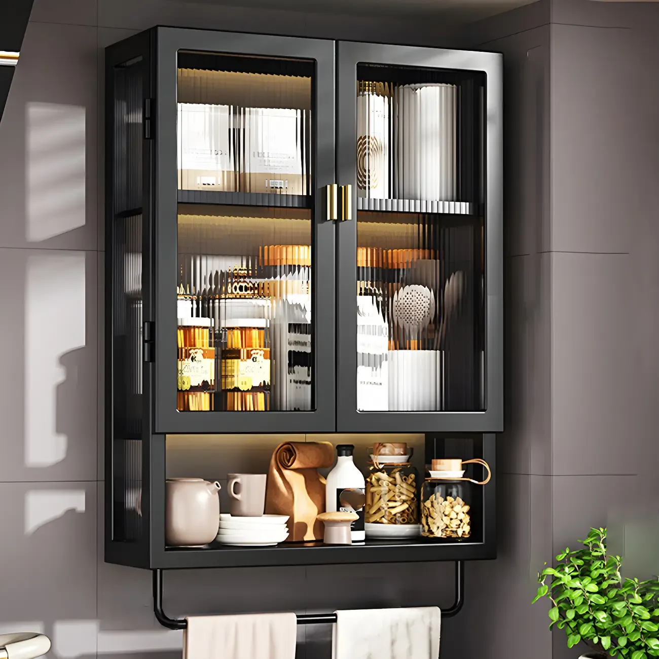 Kitchen Black Modern Metal Floating China Cabinet