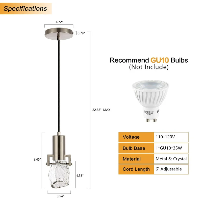 WINGBO 1-Light Modern Crystal Pendant Light Fixture Height Adjustable Hanging Light