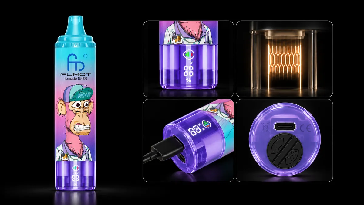 FUMOT Tornado 15000 Blueberry Raspberry – Detailansichten von Display, Heizsystem, USB-C-Anschluss und Luftregulierung