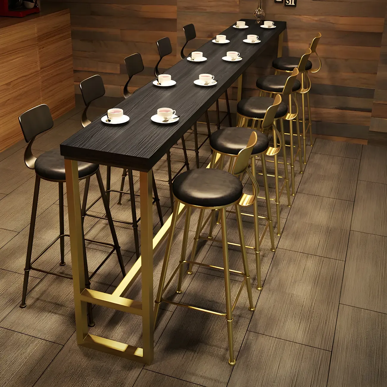Black Gold Glam Metal Pine Wood Bar Tables with Footrest