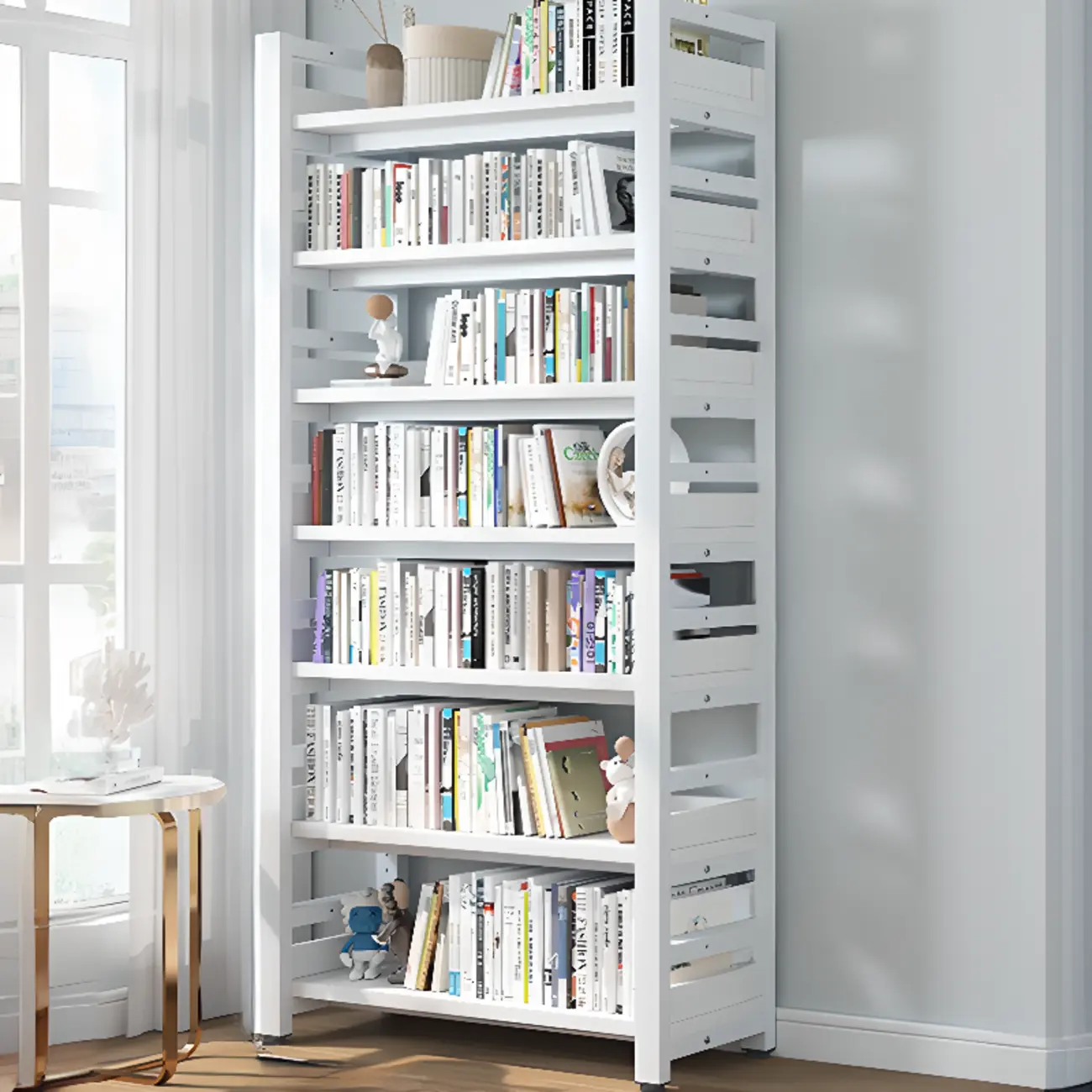 Freestanding Simple Multi-Layer Wood Bookshelf in Steel Frame