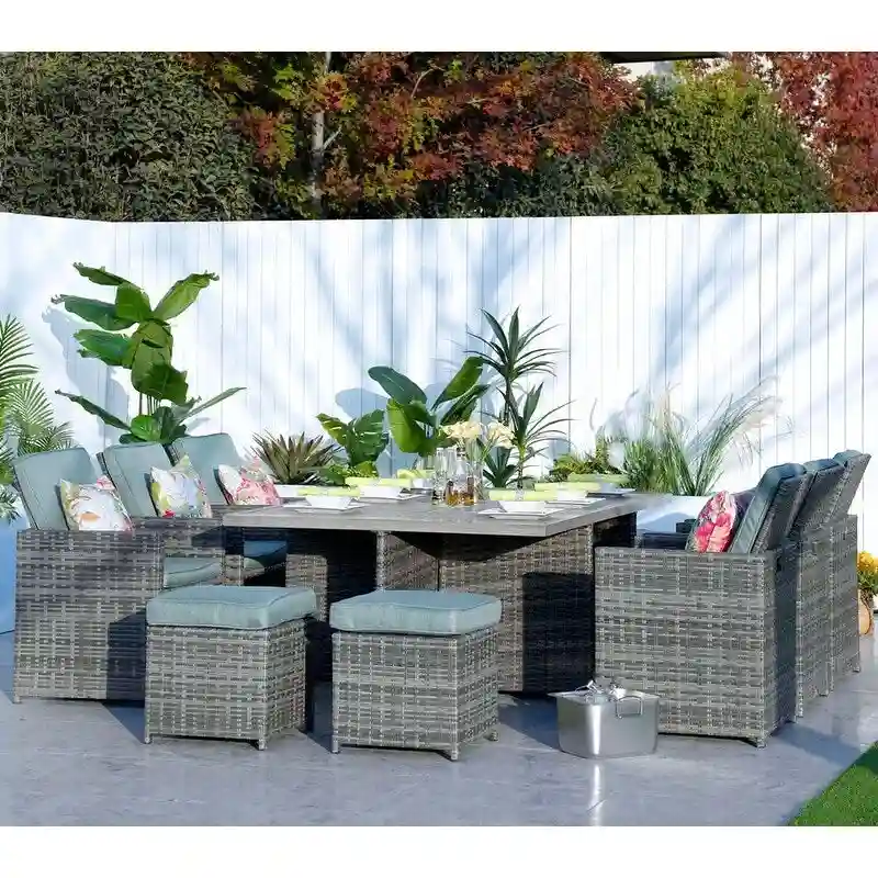 11-Piece Patio Wicker Aluminum Dining Table Set w/ Chairs and Ottomans