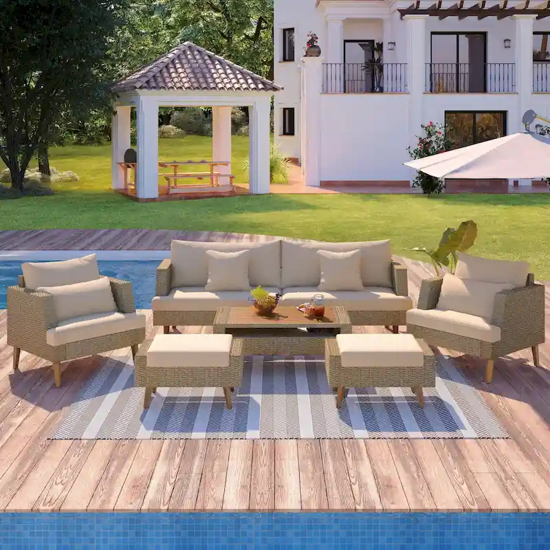 6-Pieces All Weather PE Wicker Sofa Set with Double Cushions