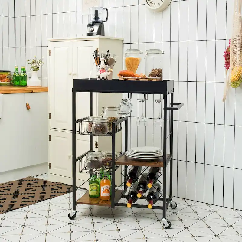 Gymax 4-Tier Kitchen Bar Cart Rolling Serving Trolley Wine Rack - See Details