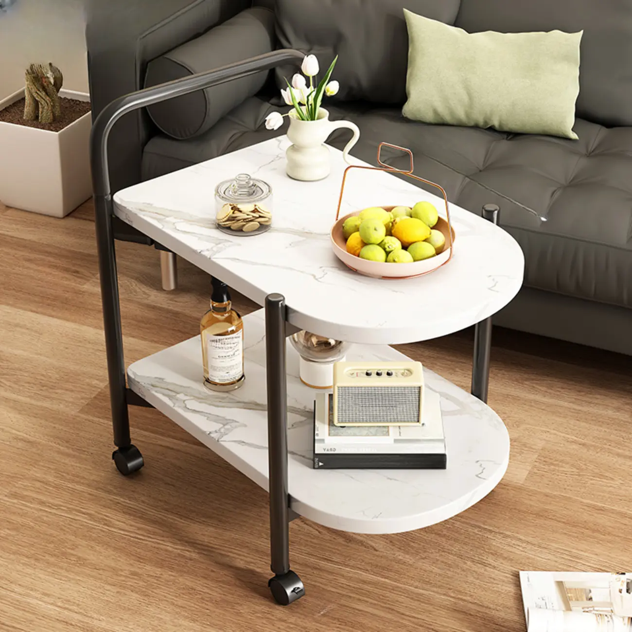 Modern 2-Tier Wood Round Coffee Table with Wheels, Tray