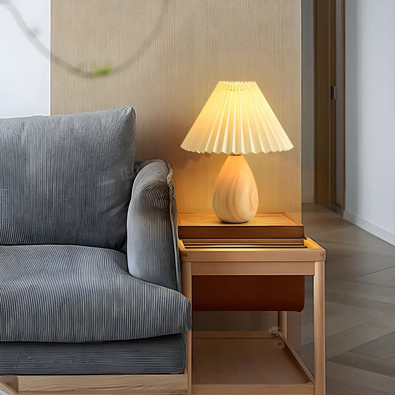 Nordic Beige Solid Wood Plastic Cone Shade Table Lamp