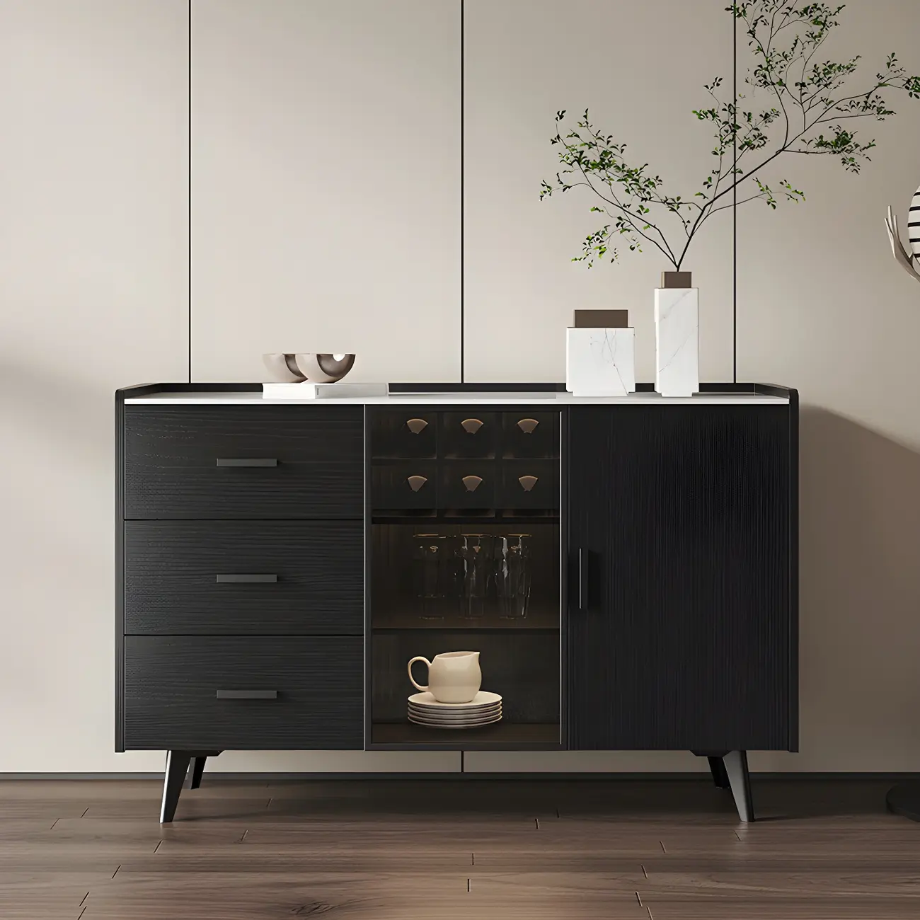 Glam Walnut Wooden Sideboard with Drawers & Cabinets