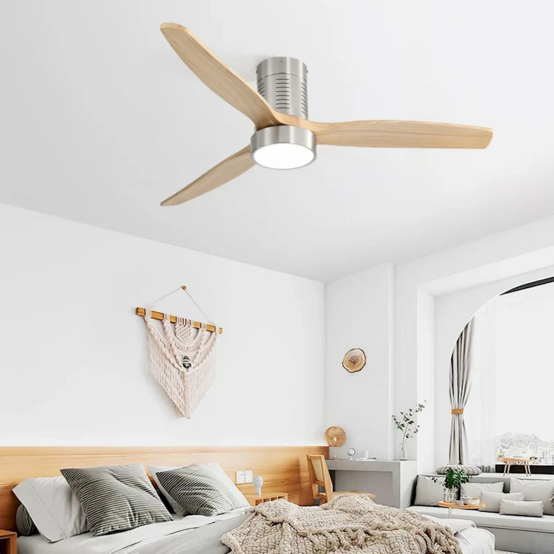 52 Inch Flush Mount Ceiling Fan With Dimmable Light 6 Speed Remote Control 3 Solid Wood Blade Ceiling Fan