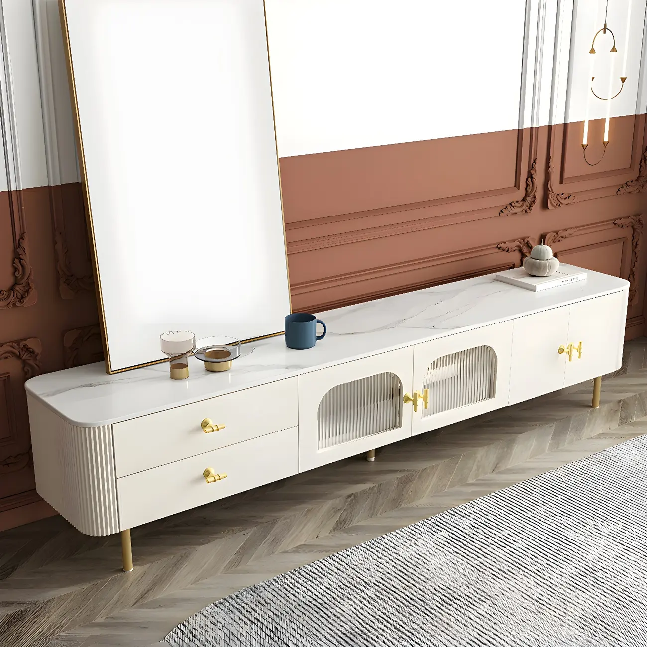 White Stone Glass Doors Cabinet TV Stand with Gold Legs