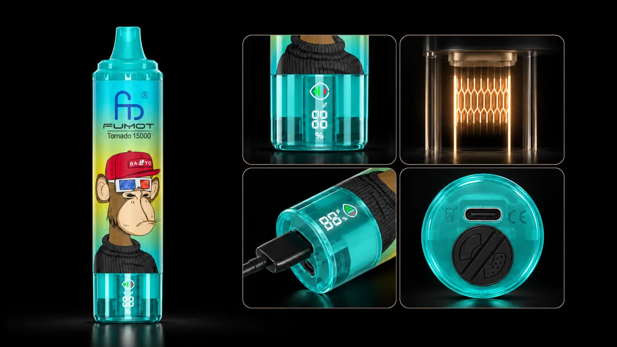 FUMOT Tornado 15000 Cactus Kiwi – Detailansichten von Display, Heizsystem, USB-C-Anschluss und Luftregulierung