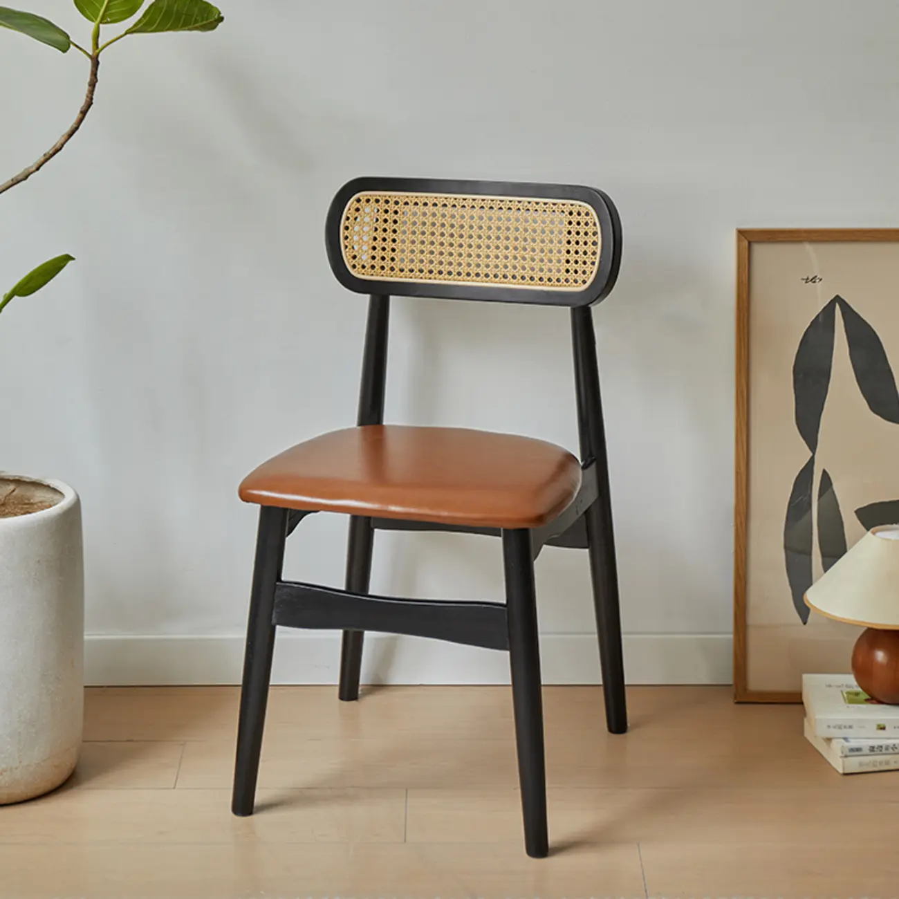 Rustic Black Wooden Armless Dining Chair with Handwoven Back