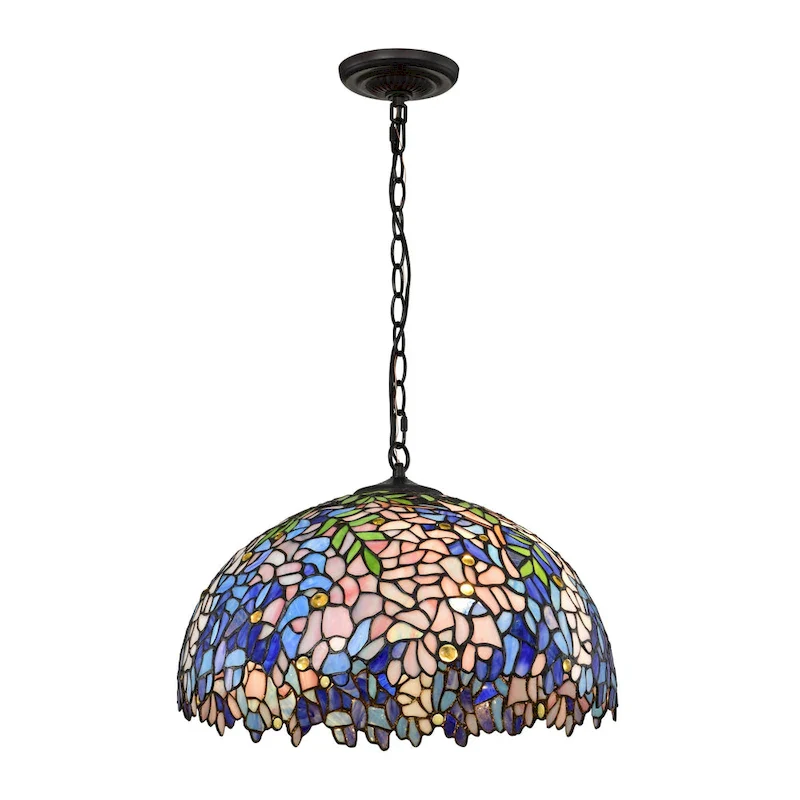 Rikkie 2-Light Wisteria Design Stained Glass Shade Tiffany-Style Pendant Lamp