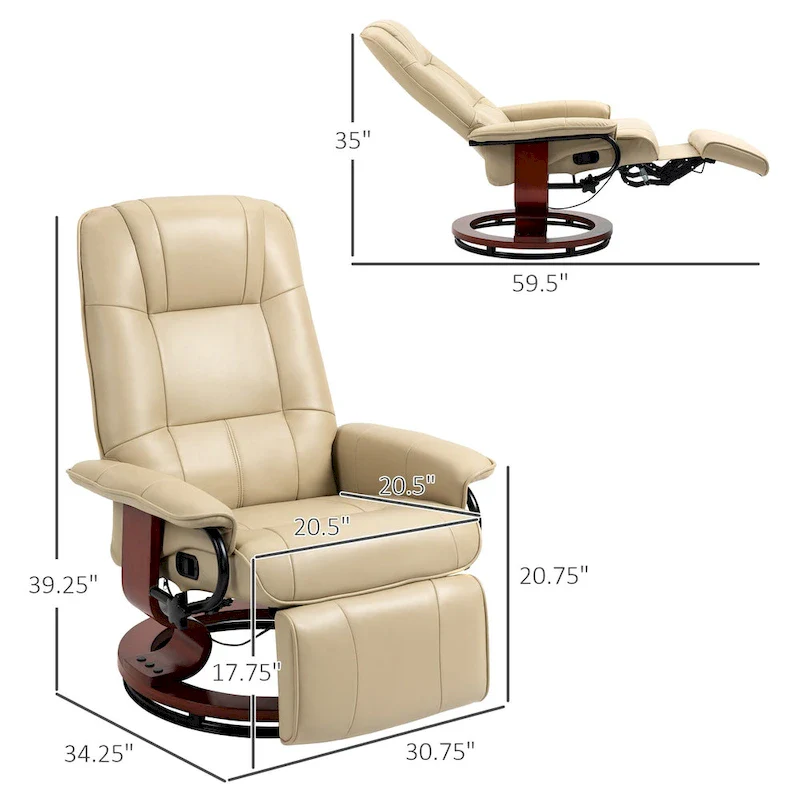 PU Leather Swivel Recliner Chair Manual Lounge Chair with Wood Base, Adjustable Backrest and Retractable Footrest